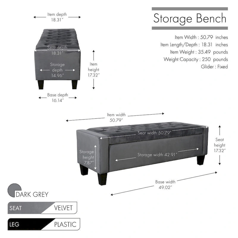 Velvet Button Tufted Flip Top Storage Bench