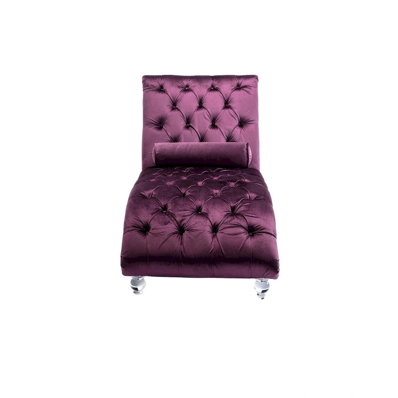 Purple Upholstered Tufted Chaise Lounge Chair with Pillow and Acrylic Legs