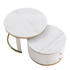 2 Pieces White Round Nesting Coffee Table with Drawers