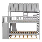Whisen Twin over Twin House Bunk Bed with Trundle and Slide, Storage Staircase, Roof and Window Design