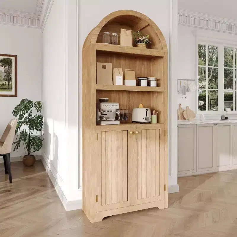 72 Tall Arched Cabinet, 5 Tier Arched Bookshelf with Double Doors & Adjustable Shelf, Wooden Bookcase with Storage for Home Office
