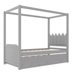 Twin/Full Size Platform Bed with Trundle, Princess Wood Canopy Bed with 3 Drawers, Storage Bed with Upholstered Headboard for Bedroom