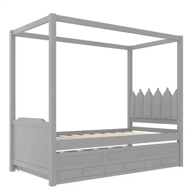 Twin/Full Size Platform Bed with Trundle, Princess Wood Canopy Bed with 3 Drawers, Storage Bed with Upholstered Headboard for Bedroom