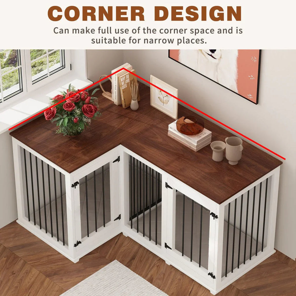 Large Corner Dog Crate Furniture for 2 Dogs, L Shape Dog Crate Cage - 58.7X41.1