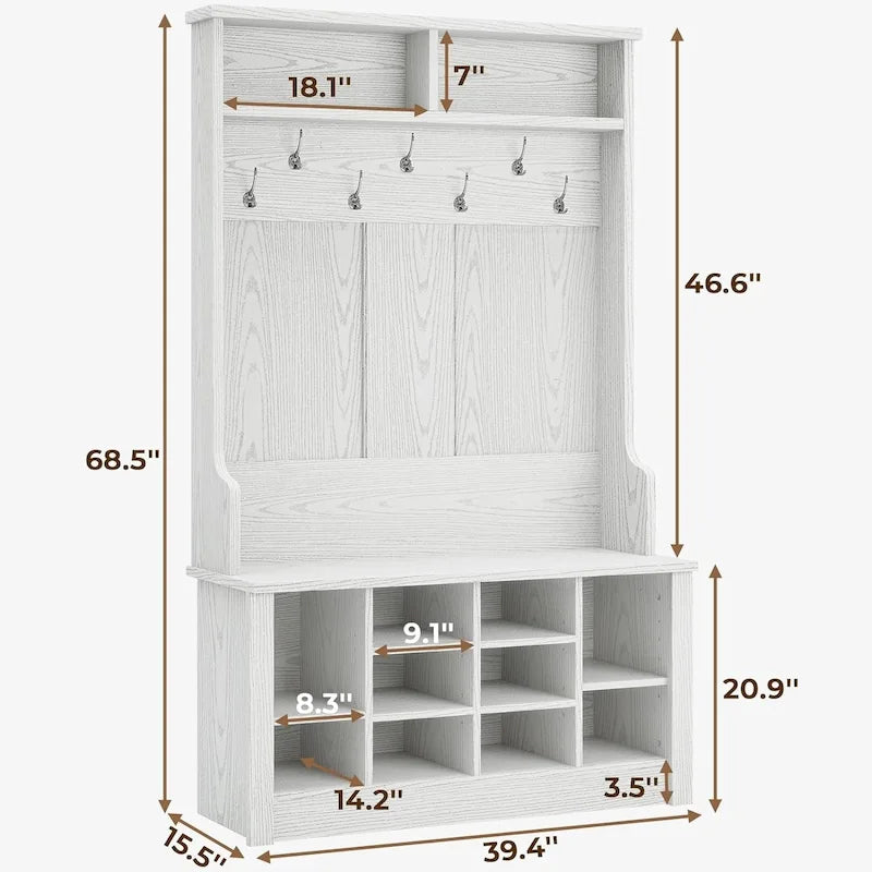 Hall Tree Storage Bench 3-in-1 Entryway Bench Coat Rack