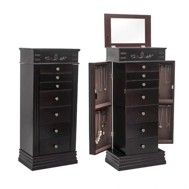 Stylish Jewelry Armoire with Mirror and Necklace Hooks - 18.5 x 12 x 42
