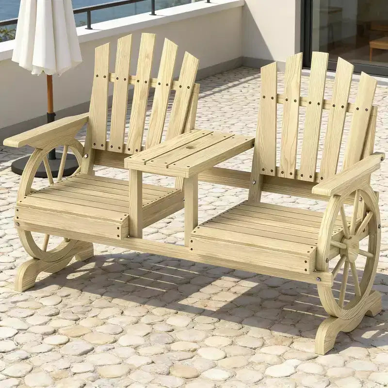GDFStudio Sydel Wagon Wheel Patio Bench with Center Table and Storage Compartment