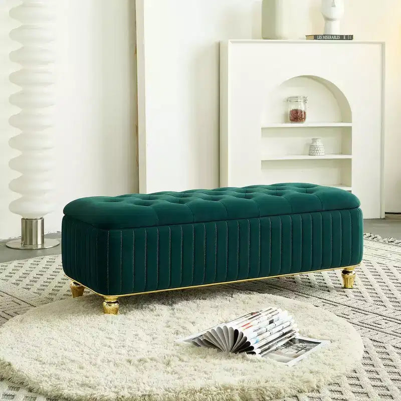 Okak Modern Luxury Flip Top Deep Button Ottoman Bench with Gold Decor & Metal Legs,Upholstered Storage Bench for Living Room,Bedroom