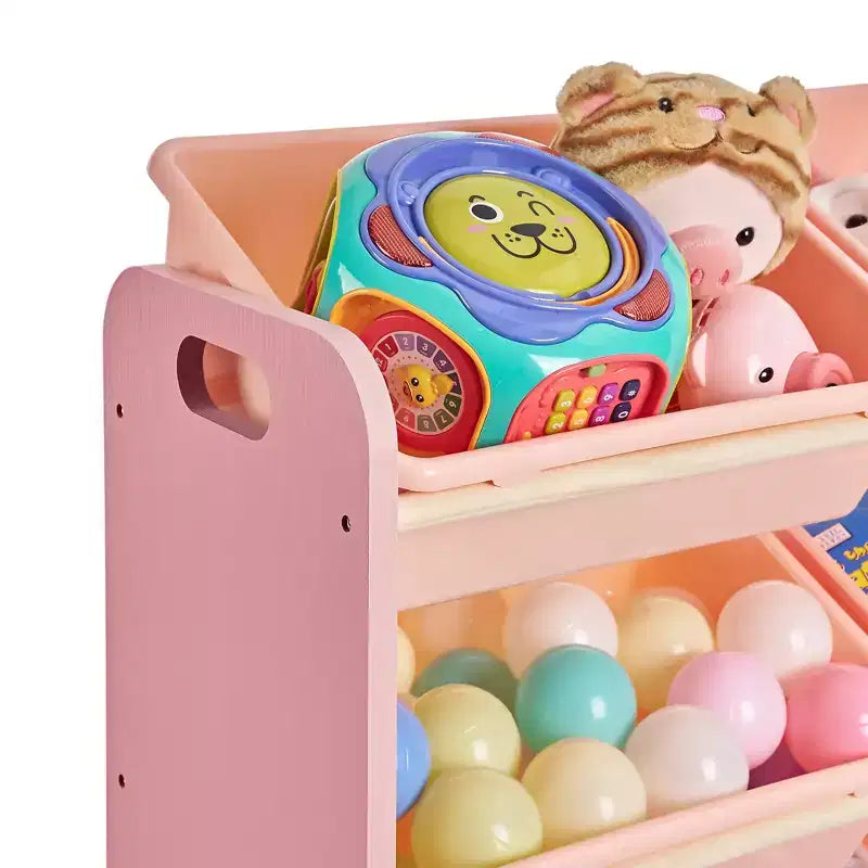 VECELO Kids Bookshelf Toy Storage with 12 Bins, Wooden Toy Rack for Toddlers, Large-Capacity Playroom Storage for Books or Toys