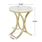 Small Modern Round Side Table End Table Nightstand with Gold Metal Frame and Faux Marble Veneer Engineered Wood for Living Room
