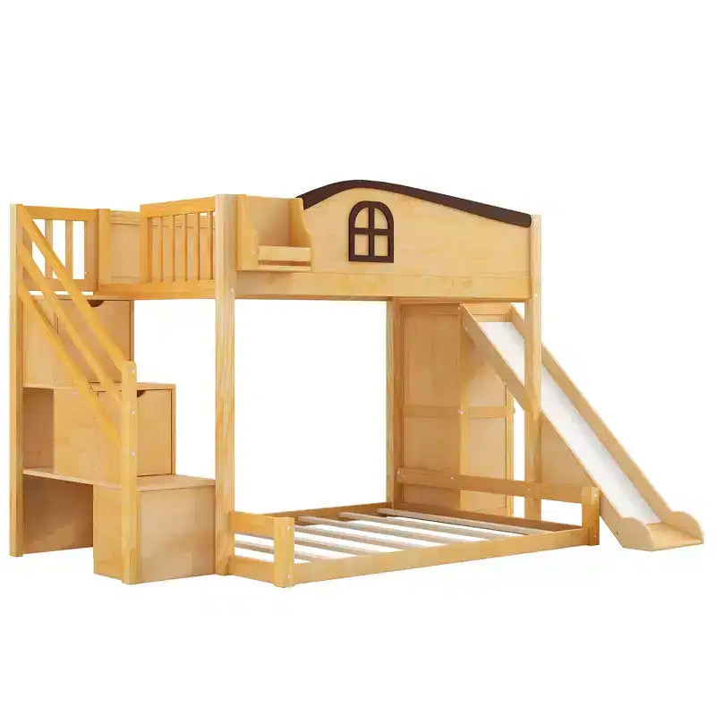 Twin over Full Bunk Bed with Slide, Shelves, Storage Staircase and Wardrobe for Kids Room