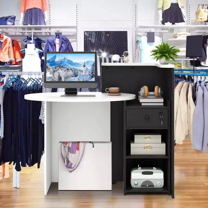 Costway Front Reception Counter Desk Checkout Office Desk with Open Shelf & Lockable Drawer White/Brown/Black