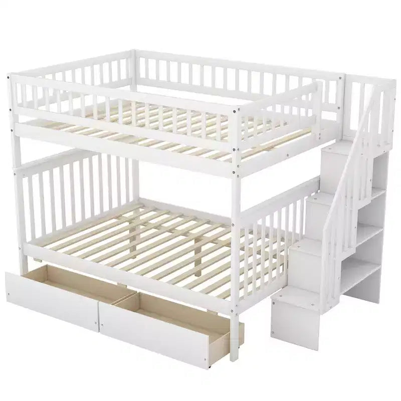 Full over Full Bunk Bed with Drawers and Storage Staircase
