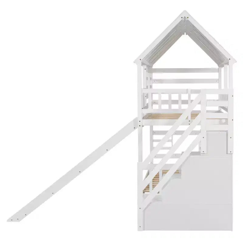 Whisen Twin over Twin House Bunk Bed with Trundle and Slide, Storage Staircase, Roof and Window Design