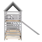 Whisen Twin over Twin House Bunk Bed with Trundle and Slide, Storage Staircase, Roof and Window Design
