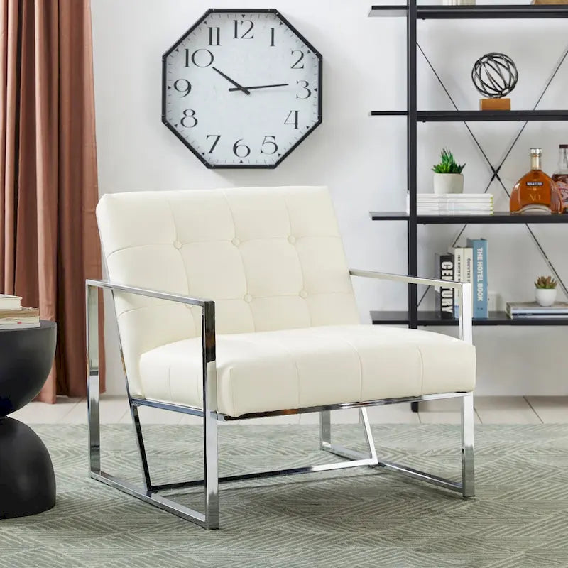 Glitzhome 30.50H Cream Mid-Century PU Leather Tufted Accent Chair with Chrome Plated Frame