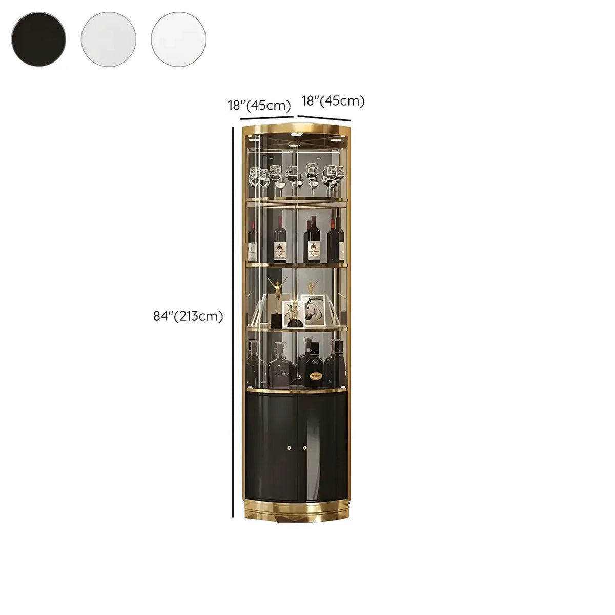 Glam Glossy Glass Gold Metal Rounded Display Corner Cabinet