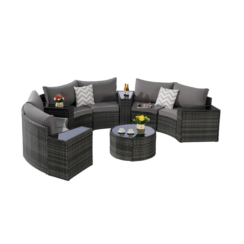 11-Piece Outdoor Half-Round Modular Sectional Sofa Set with Tempered Glass Coffee Table and 4 Side Table