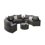 11-Piece Outdoor Half-Round Modular Sectional Sofa Set with Tempered Glass Coffee Table and 4 Side Table