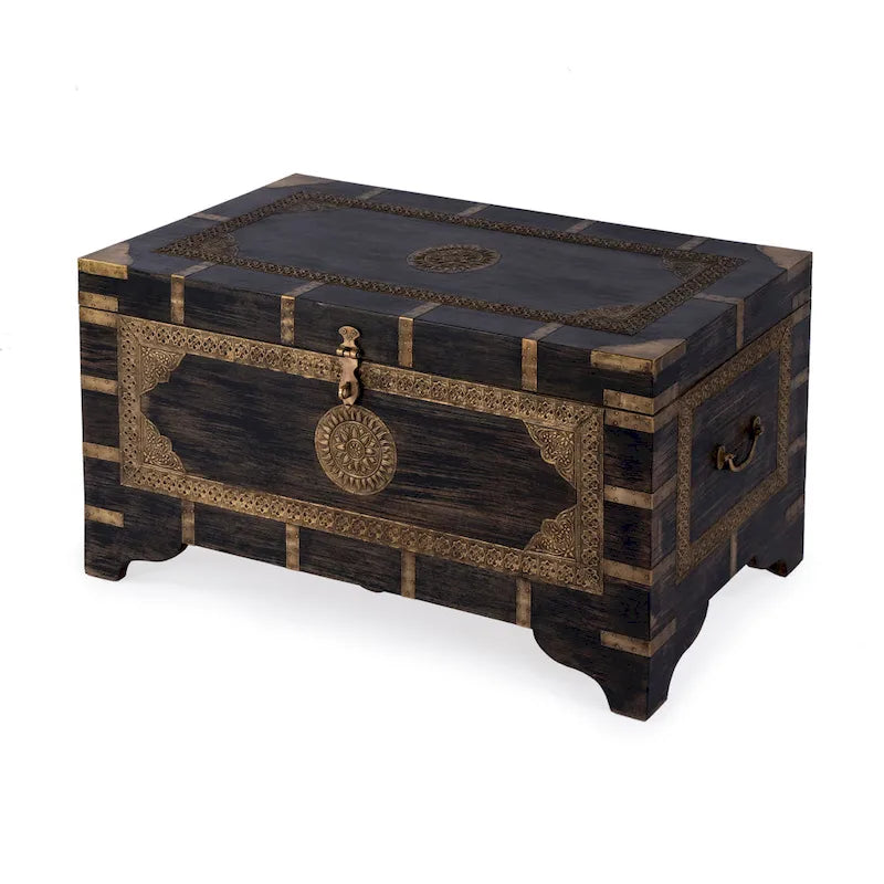 Nador Hand-Painted Brass Inlay Storage Trunk Coffee Table