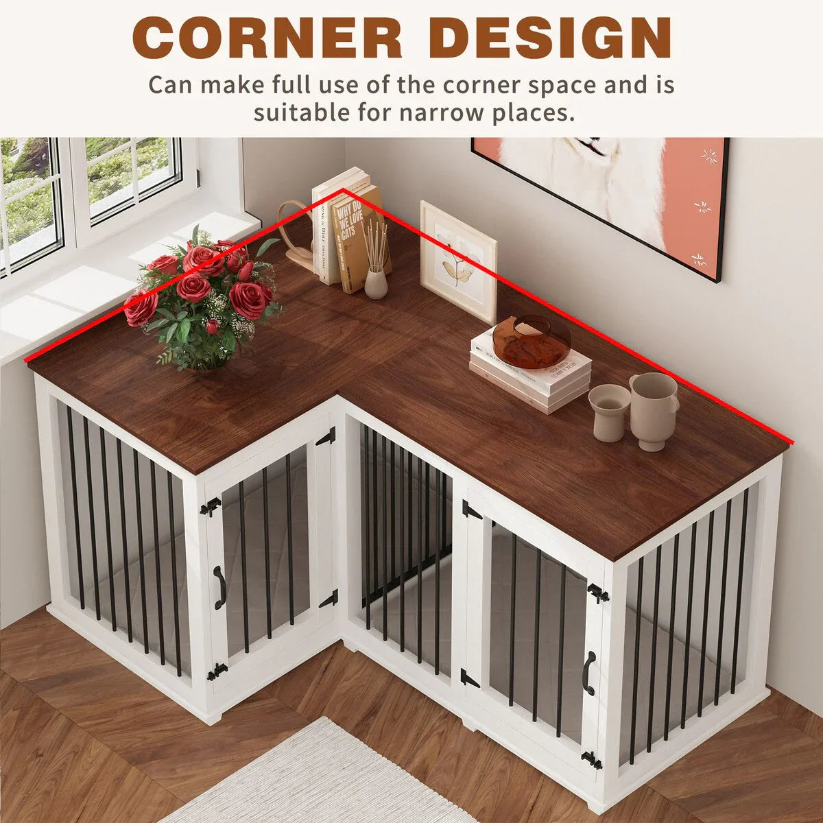 Large Corner Dog Crate Furniture for 2 Dogs, L Shape Dog Crate Cage - 58.7X41.1