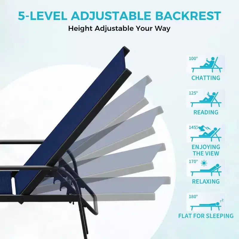 Outdoor Lounge Chair Set of 2  5-Position Adjustable Recliner, Textilene Fabric, 76 Pool Chaise for Patio, Garden & Poolside