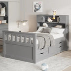 Twin/Full Size Captain Platform Bed with 4 Drawers and Storage Shelves, Solid Wood Bed Frame with Storage Bookcase Headboard