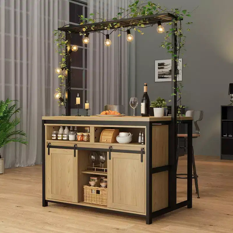 Kitchen Island , Bakers Rack with Sliding Barn Door 42 Large Kitchen Island Table with 3-Tier Microwave Stand Oven Shelves Coffee Bar Table Set