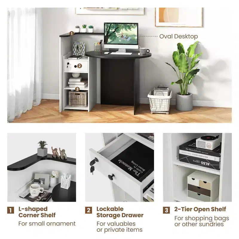 Costway Front Reception Counter Desk Checkout Office Desk with Open Shelf & Lockable Drawer White/Brown/Black