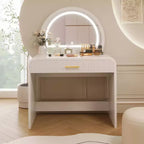 Makeup Vanity Table with Large Mirror and Touch Screen, Vanity Desk with Large Drawer and Arched Corner, Dressing Table for Bedroom