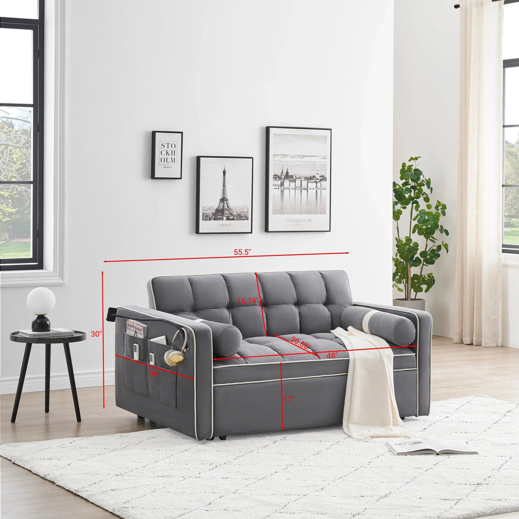 Velvet Convertible 55 2-Seater Sleeper Sofa with Pull-Out Bed, Adjustable Recline, Side Pockets, and Phone Holder
