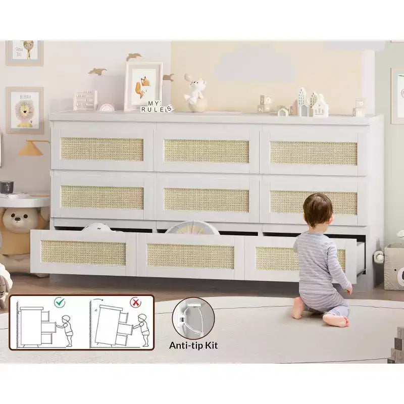 Dresser for Bedroom, Rattan 9 Drawer Dresser for Closet, Double Wood Dressers & Chest of Drawers