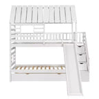 Whisen Twin over Twin House Bunk Bed with Trundle and Slide, Storage Staircase, Roof and Window Design