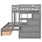 Whisen Full Over Twin & Twin Bunk Bed, Wood Triple Bunk Bed with Drawers and Guardrails