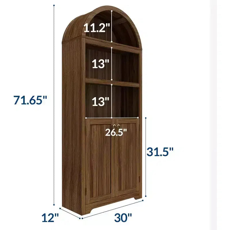 72 Tall Arched Cabinet, 5 Tier Arched Bookshelf with Double Doors & Adjustable Shelf, Wooden Bookcase with Storage for Home Office