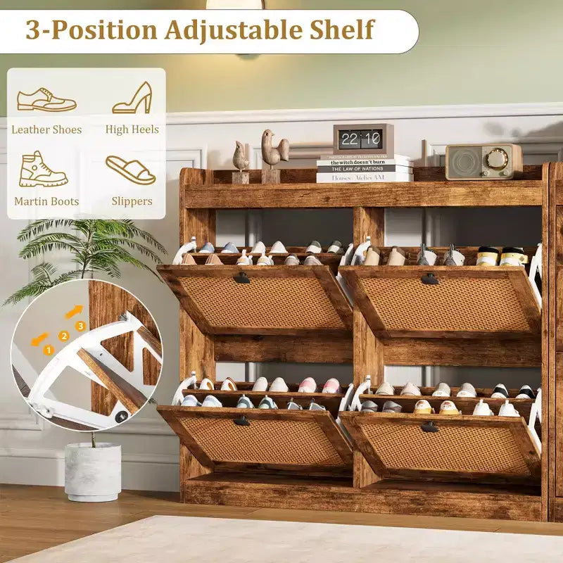 Shoe Storage Cabinet with 4 Flip Drawers, Wood Shoe Cabinet with Rattan Doors and Adjustable Shelves- Freestanding Shoe Organizer