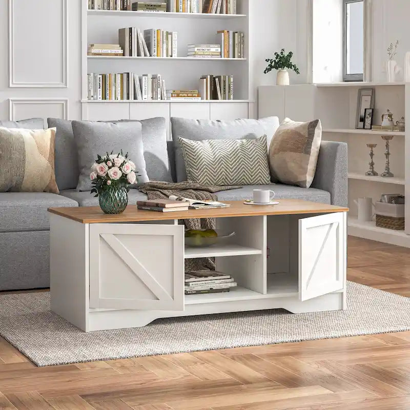 47 Rustic Farmhouse Coffee Table with Storage & Sliding Doors