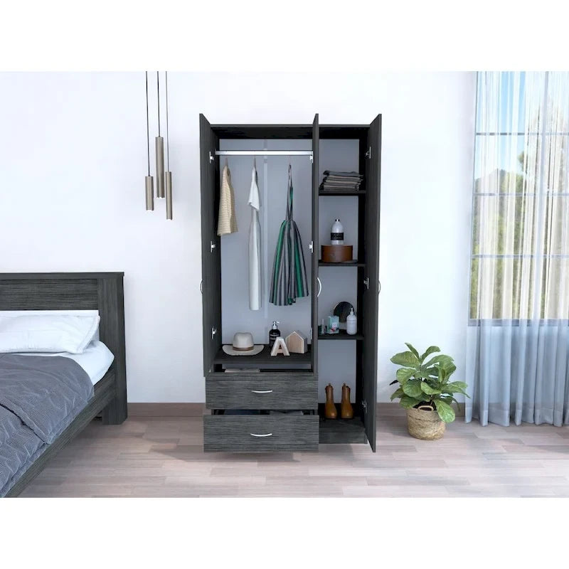 FM Furniture Eureka 3 Door Armoire with 2 Drawers, Inner Shelves, and Rod