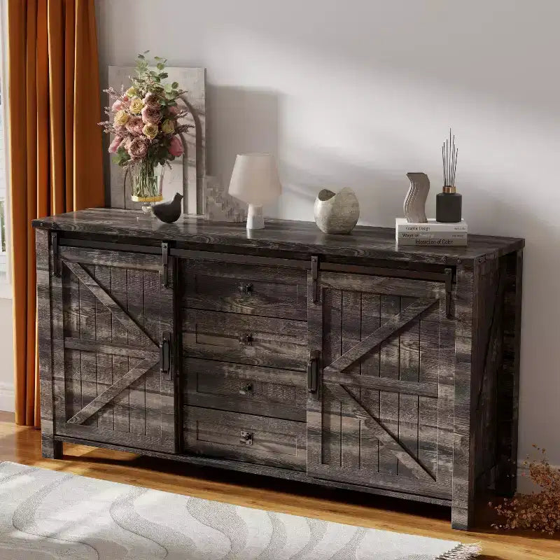 SinCiDo Farmhouse 60Dressing Table with Sliding Barn Door and 4 Drawers,Drawer Cabinet Living Room,Bedroom,Coffee Bar