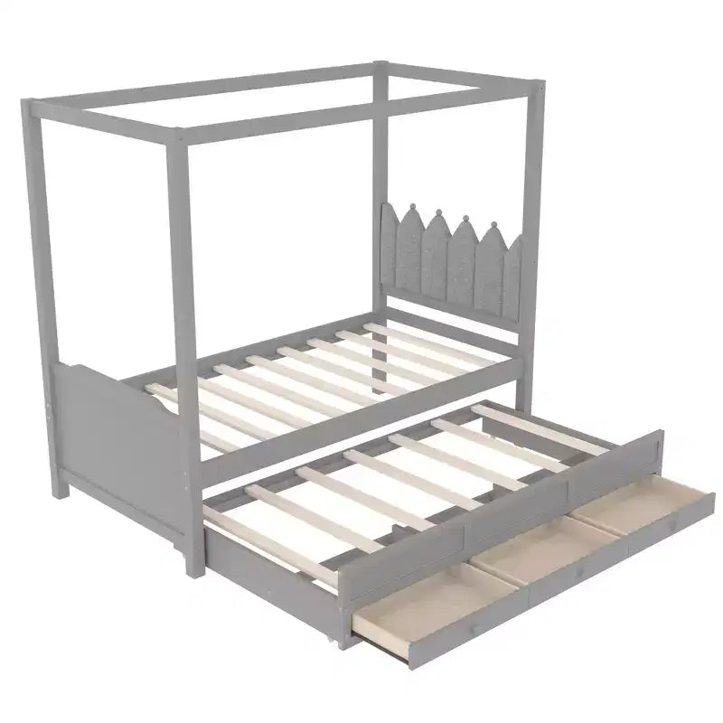 Twin/Full Size Platform Bed with Trundle, Princess Wood Canopy Bed with 3 Drawers, Storage Bed with Upholstered Headboard for Bedroom