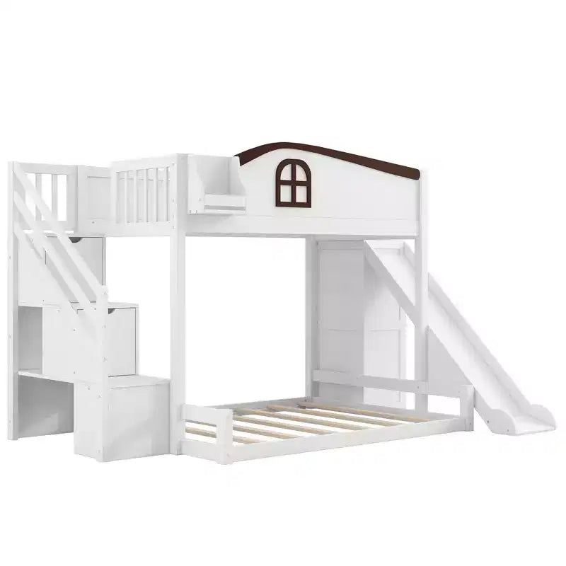 Twin over Full Bunk Bed with Slide, Shelves, Storage Staircase and Wardrobe for Kids Room