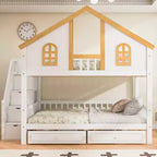 Whisen Twin Size Bunk Bed with Window Door and Roof, Storage Drawers and Staircase