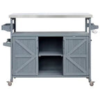 Okak Outdoor Kitchen Island with Stainless Steel Top, Wooden Kitchen Cart with Doors, Shelves and Spice Rack, Rolling Kitchen Island