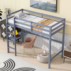 Okak Minimalism Loft Bed with Ladder, Rubber Wood Twin Loft Bed with Safety Guardrail and Build-In Desk, Bed Frames for Kids, Teenagers