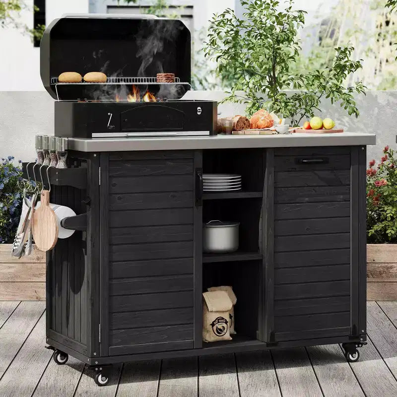 Outdoor Kitchen Island with Foldable Side Table,Outdoor Grill Cart with Stainless Steel Top,Hidden Trash Cabinet for Lawn & Garden