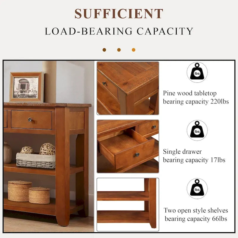 Modern Solid Pine Wood Top Console Table with 3 Drawers and 2 Shelves