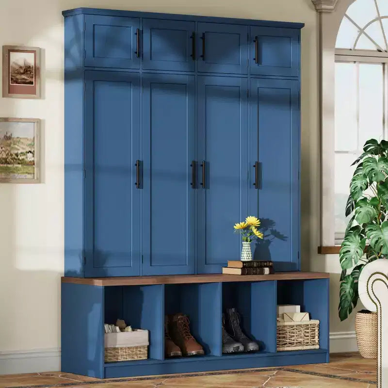 GDFStudio Jessica Farmhouse 4-in-1 Hall Tree with Hidden Hooks and Storage Bench