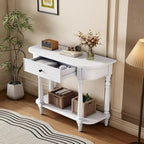 Retro Narrow Console Table with Curved Corner, Top Drawer & Open Shelf