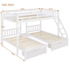 Full Over Twin & Twin Bunk Bed for 3, Wooden Triple Bunk Bed with 2 Storage Drawers, can be Divided into 3 Separate Beds