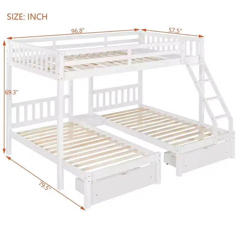 Full Over Twin & Twin Bunk Bed for 3, Wooden Triple Bunk Bed with 2 Storage Drawers, can be Divided into 3 Separate Beds